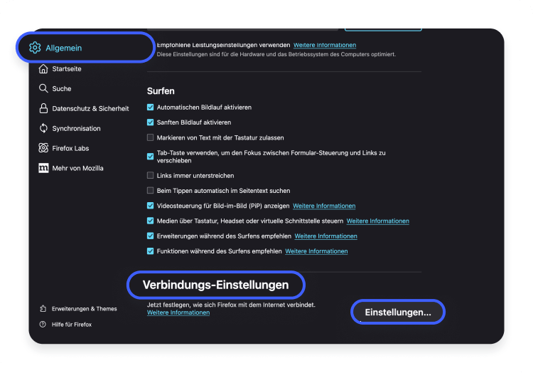 Proxyserveradresse finden Firefox Schritt 2