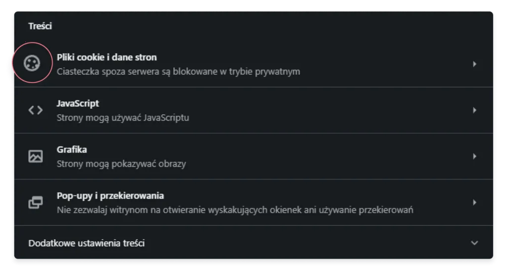 Ustawienia cookies w Operze: krok 2