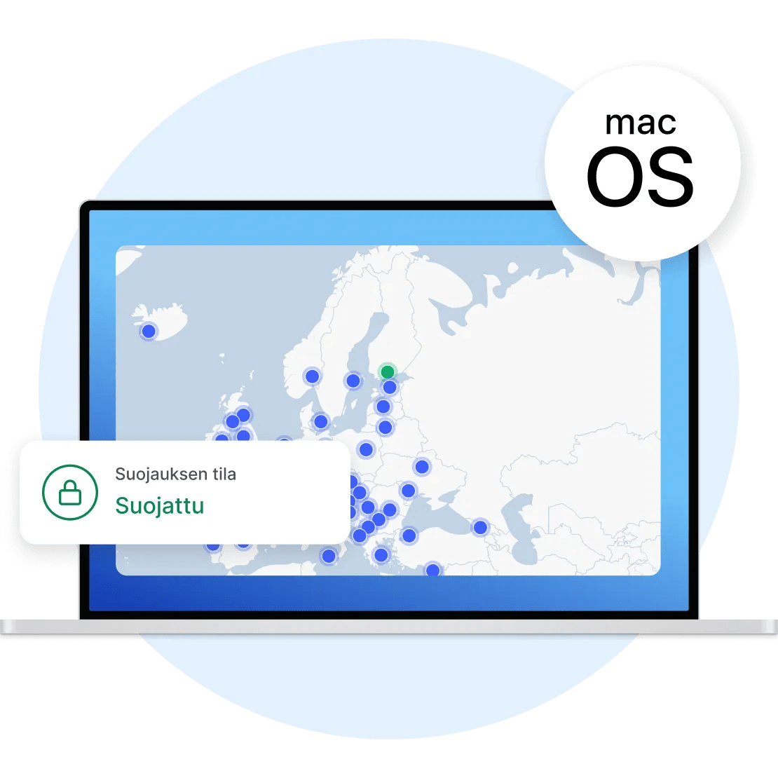 NordVPN:n VPN-asiakasohjelma on aktiivinen macOS-laitteella, josta näkyy, että käyttäjän yhteys on salattu.