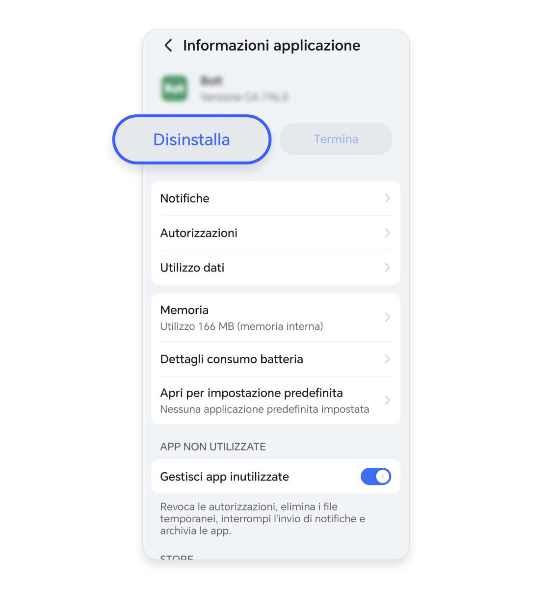 disinstalla app