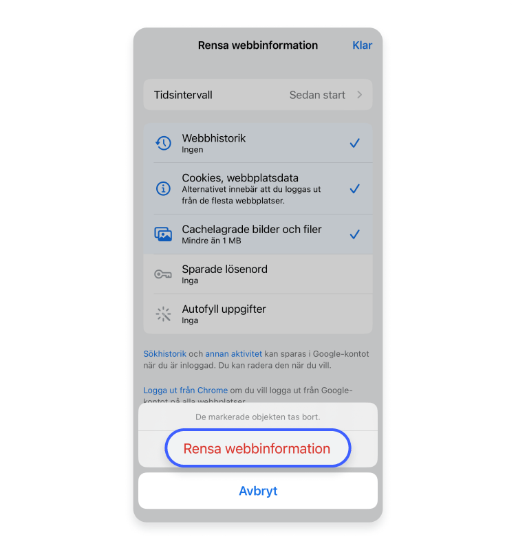 Tryck slutligen på Rensa webbinformation.