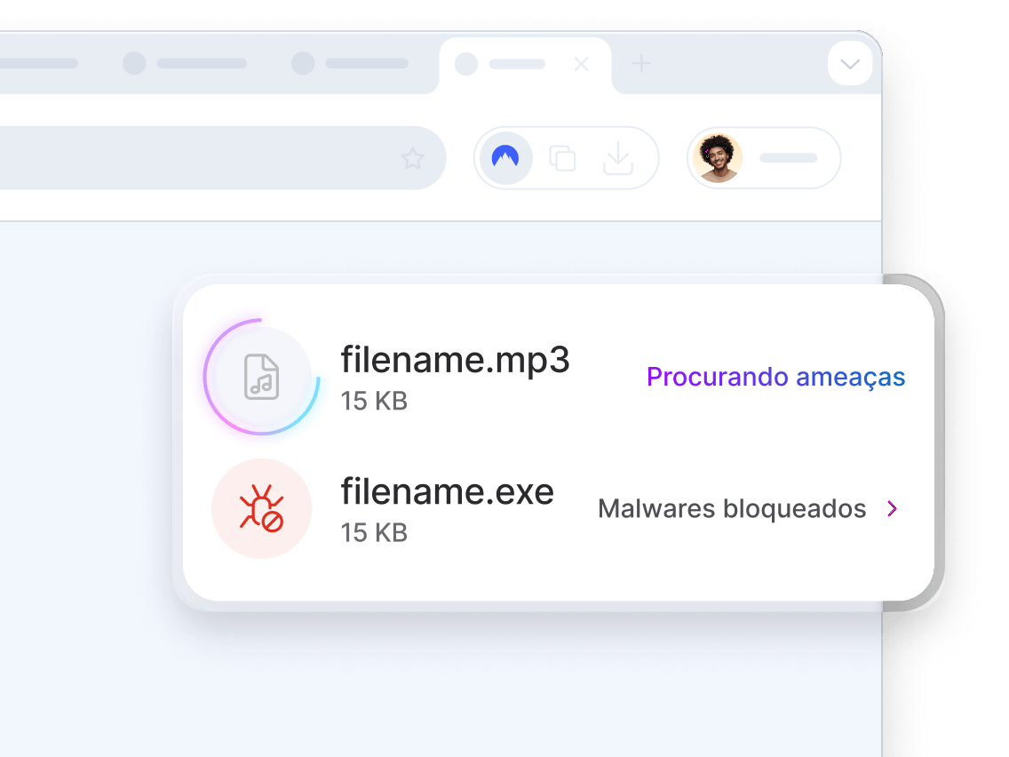 Uma tela do navegador mostrando o antivírus de última geração verificando um arquivo MP3 em busca de ameaças e bloqueando um arquivo EXE que contém malware.