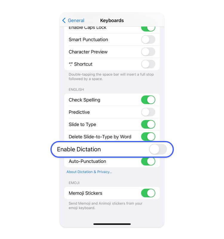 Toggle enable dictation off