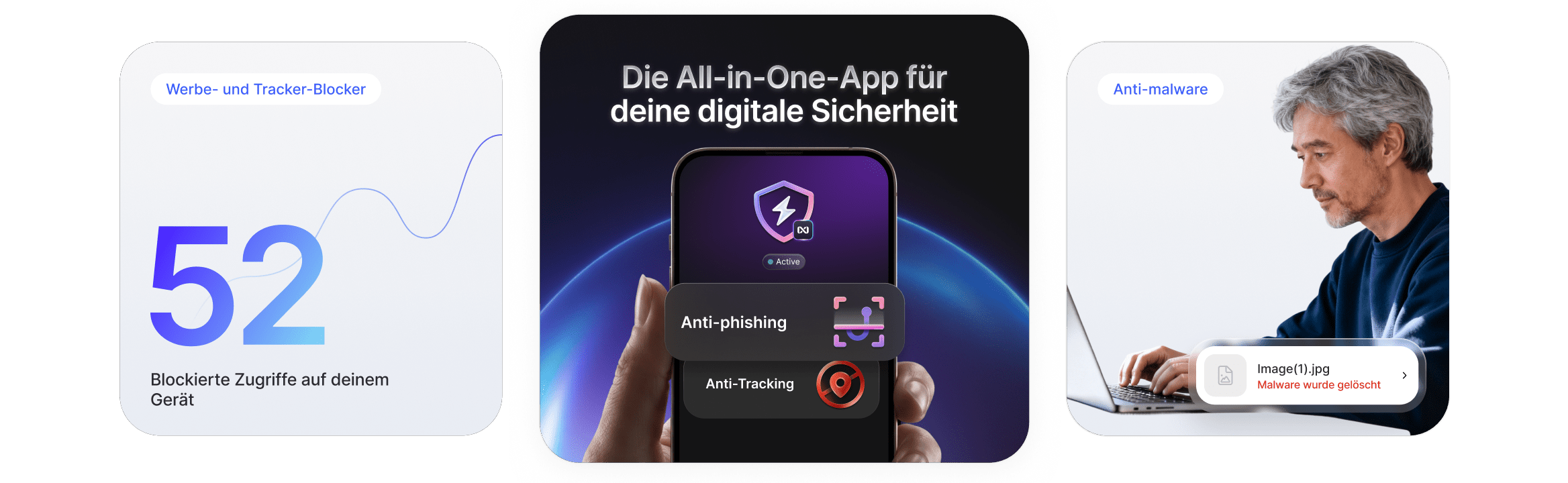 Visuelle Elemente, die die Anti-Scam-, Anti-Tracking- und Anti-Malware-Funktionen des Next-Gen-Antivirus von NordVPN zeigen.