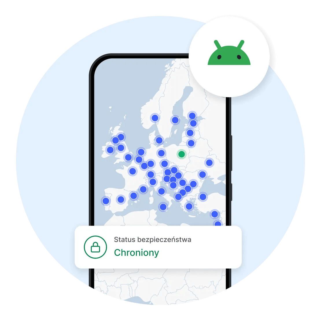 Aplikacja kliencka VPN NordVPN aktywna na smartfonie z Androidem, pokazująca, że połączenie użytkownika jest szyfrowane.