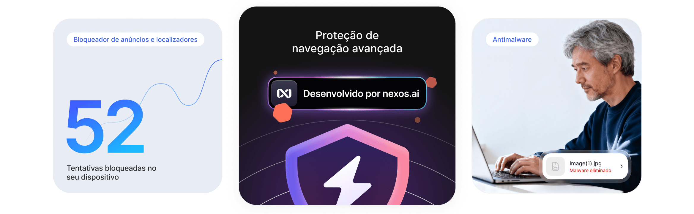 Um homem desfruta de proteção avançada da navegação e evita anúncios, rastreadores e transferências maliciosas.