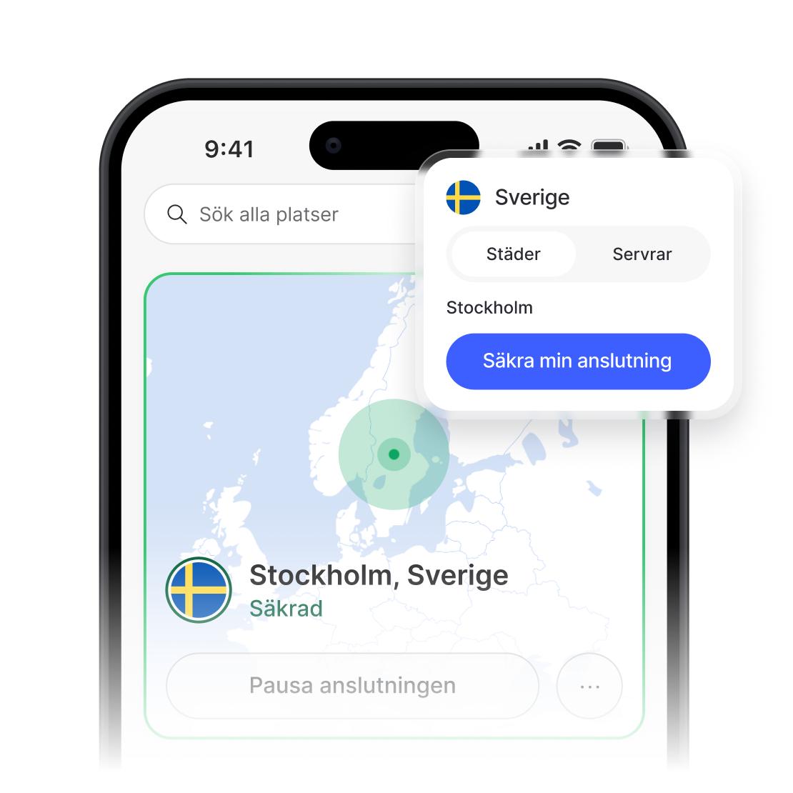 NordVPN-appen som visar en säker anslutning och en lista över servrar i Sverige.