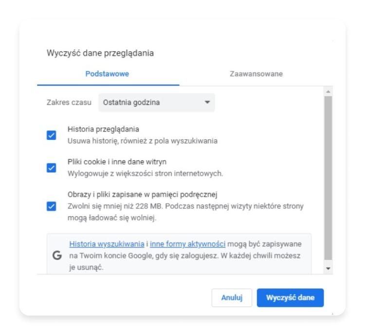 menu wyczyszczania danych przeglądania