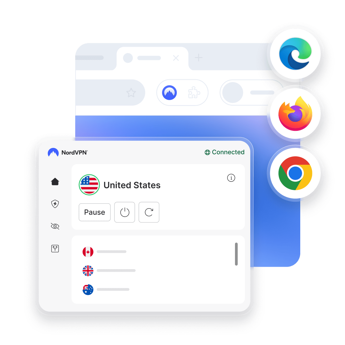 A NordVPN app interface showing a connection to the VPN server.