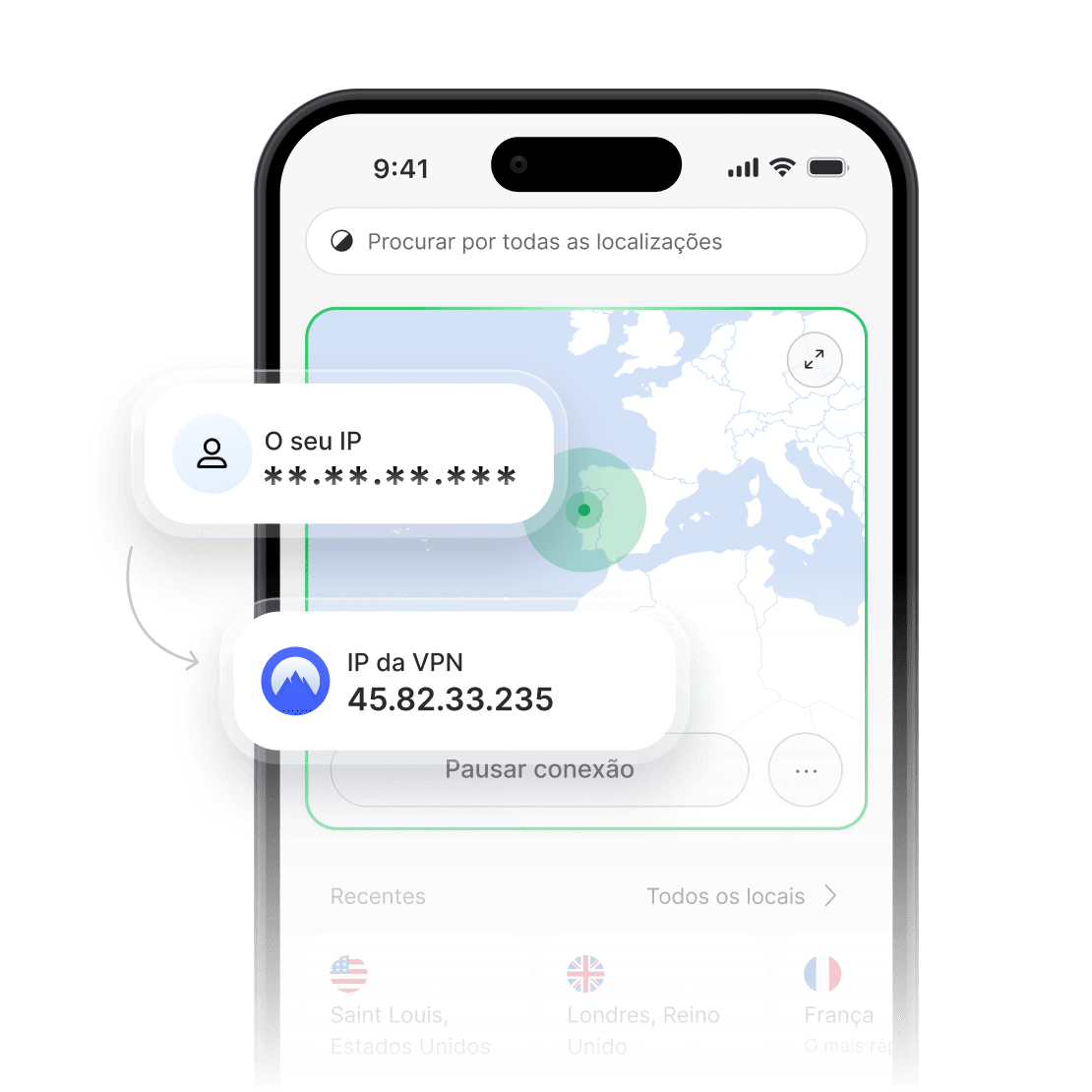 Aplicação NordVPN a mostrar um endereço de IP real oculto e um novo endereço de IP VPN.
