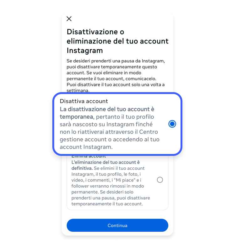 Screenshot Disattivare account Instagram cellulare 