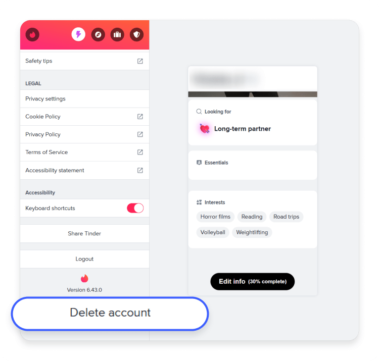 How to delete your Tinder account on a computer: Step 3