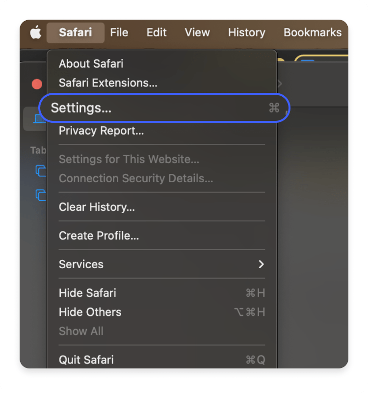 How to clear cookies in Safari on MacOs step 1