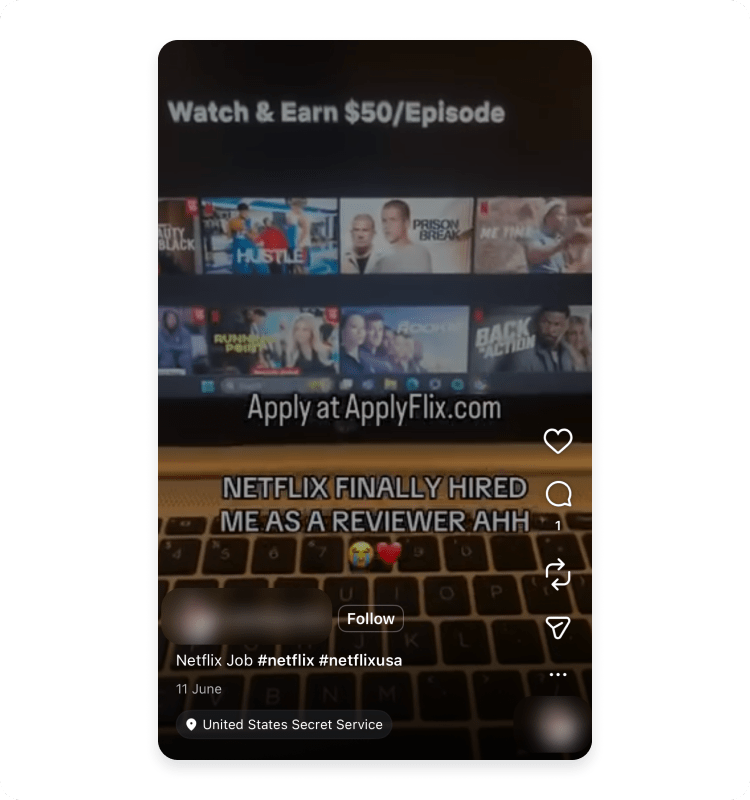 An example of a fake Netflix job offer on Instagram.