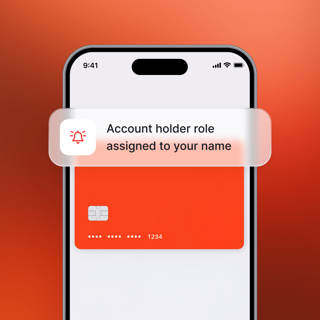 A smartphone with an electronic credit card and Coveron alert for an account holder role being signed to the user’s account.