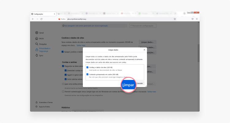 limpar cookies no Firefox: passo nº5