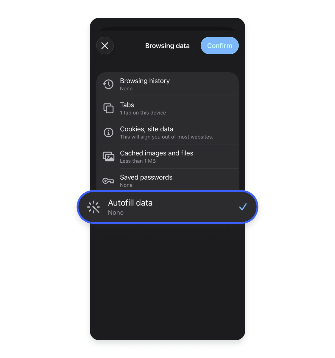 Clearing Autofill data on Chrome (mobile) Step 6