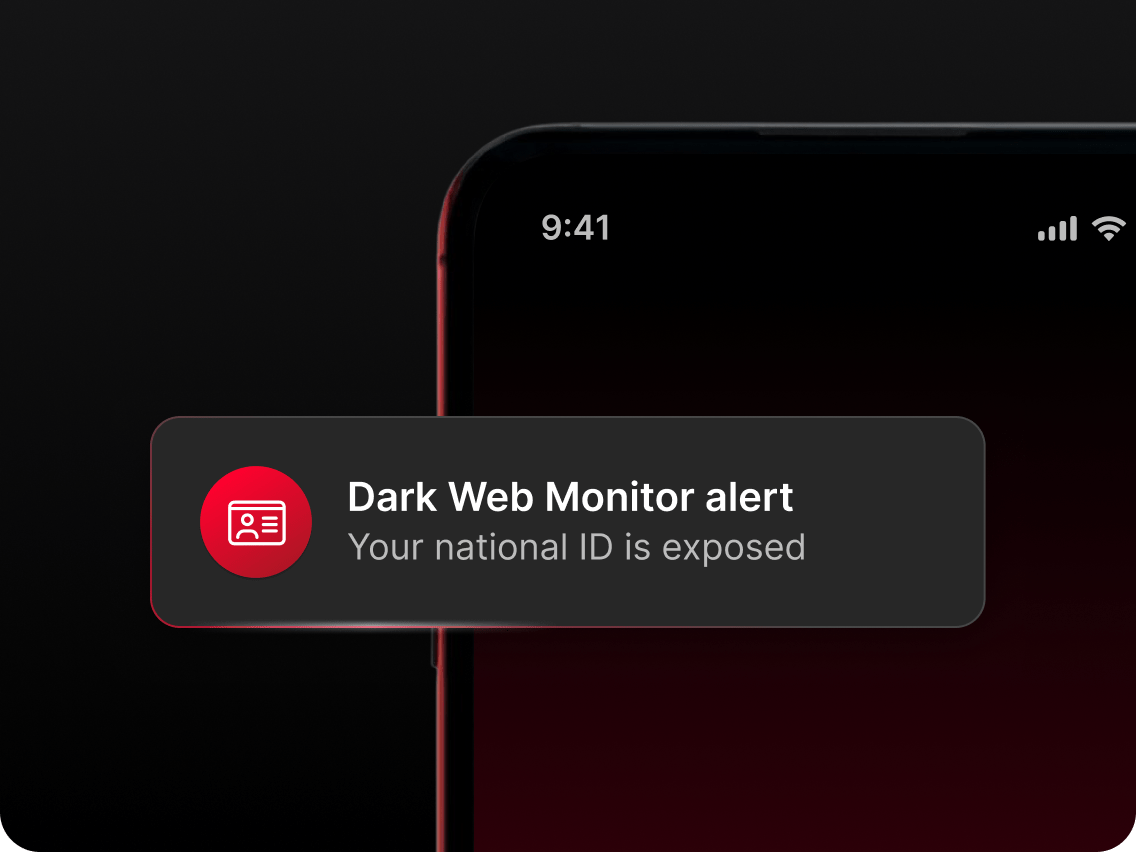 A Dark Web Monitor alert with a phone in the background to indicate that dark web monitoring is available on mobile.