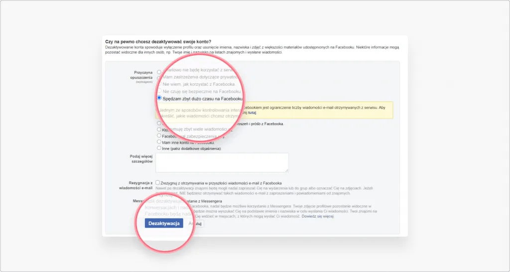 jak dezaktywować konto na fb: krok 5