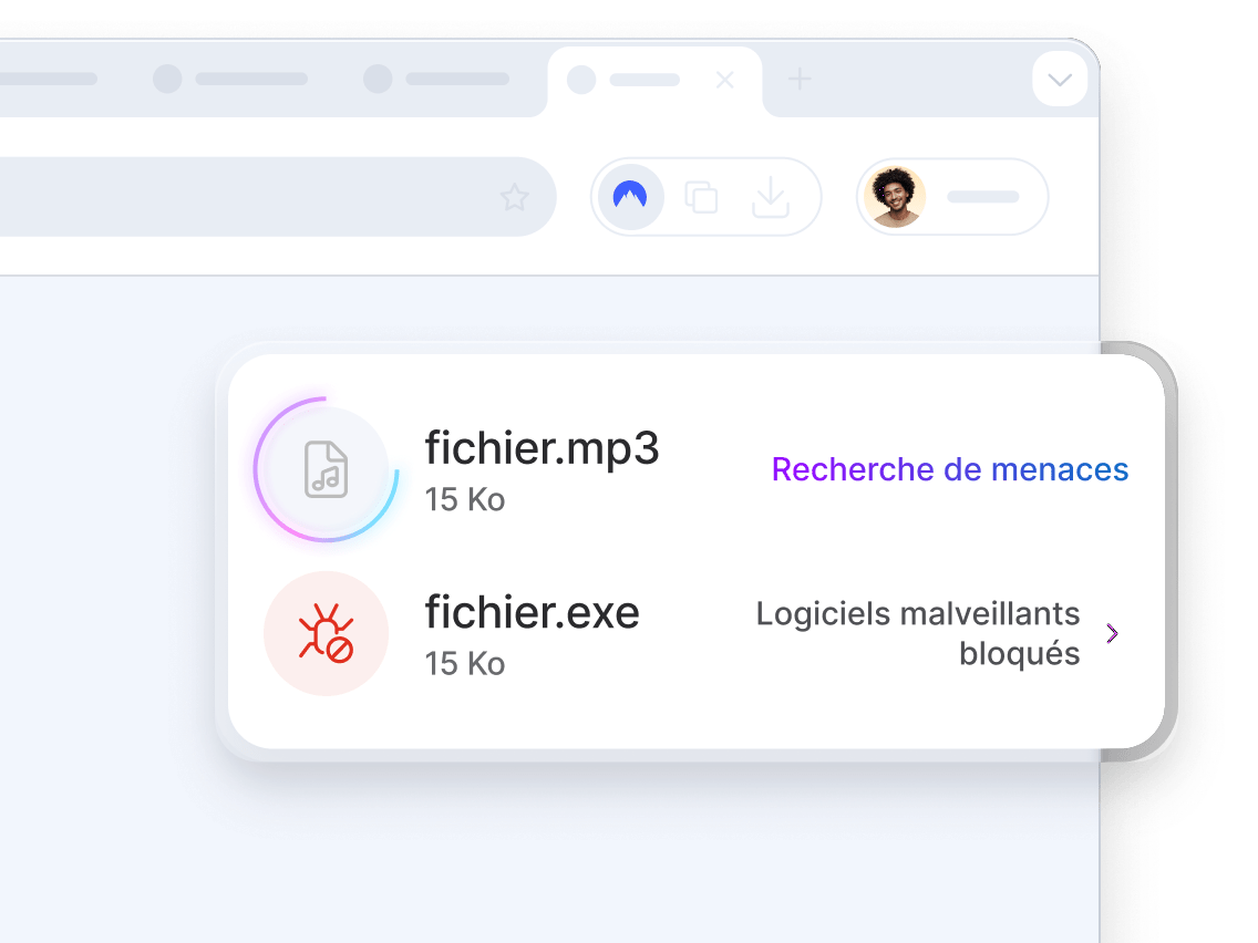 Un écran de navigateur montrant l’antivirus nouvelle génération analysant un fichier MP3 à la recherche de menaces et bloquant un fichier EXE contenant un malware.