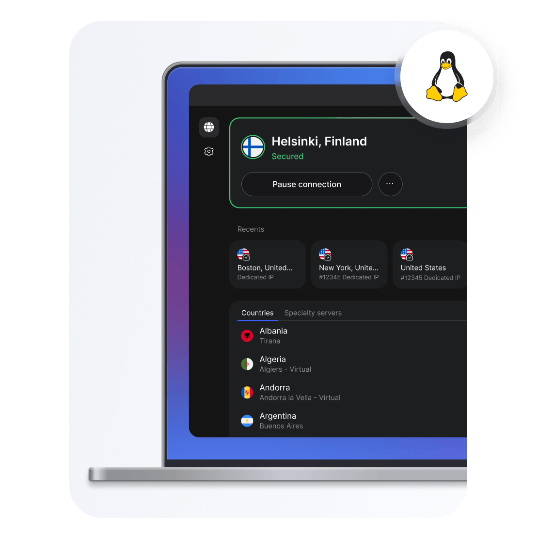 NordVPN-sovelluksen hakupalkki, jossa on luettelo Linuxin VPN-maapalvelimista.