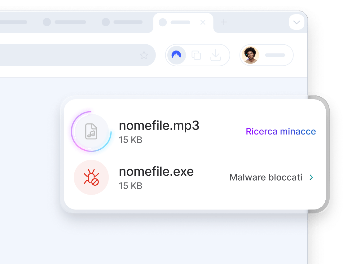 Una schermata del browser che mostra l&#39;antivirus di ultima generazione analizzare un file MP3 alla ricerca di minacce e bloccare un file EXE contenente malware.