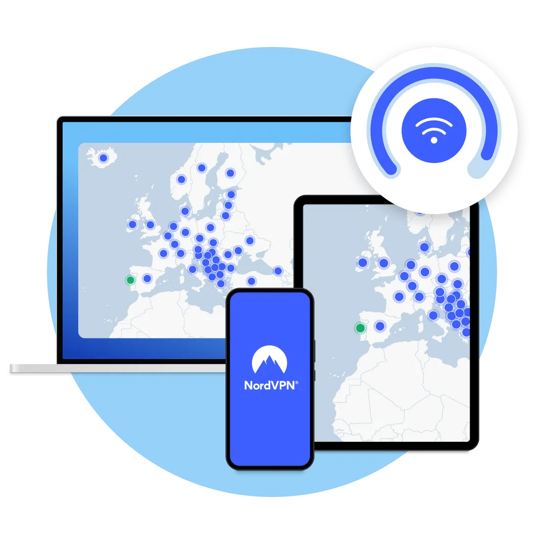 Uma aplicação da NordVPN que mostra uma ligação de VPN em vários dispositivos.