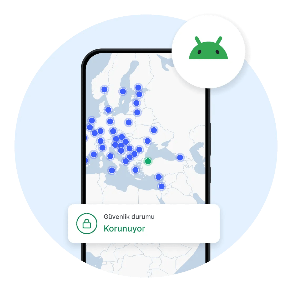 Bir Android akıllı telefonunda aktif olan NordVPN VPN istemcisi, kullanıcının bağlantısının şifrelenmiş olduğunu gösteriyor.