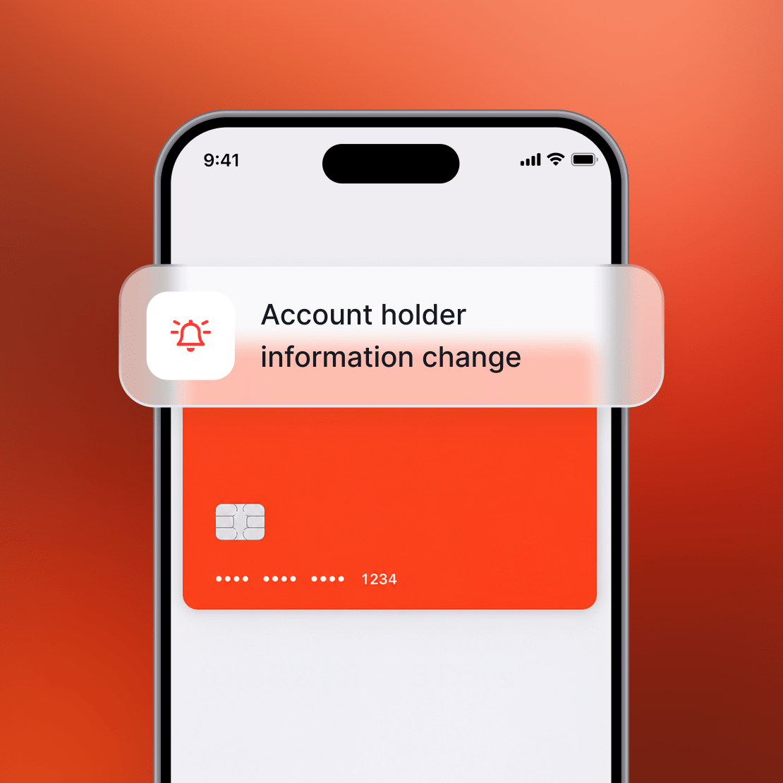 A smartphone with an electronic credit card and Coveron alert for an account information change.