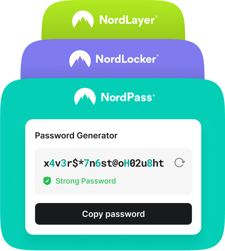 Cards for NordLayer, NordLocker, and NordPass, with the NordPass password generator showing a strong password ready to copy.
