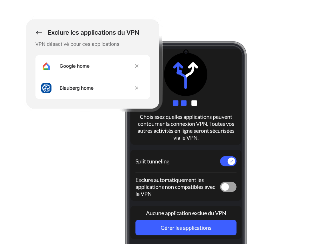 Smartphone avec l&#39;application NordVPN, le bouton de split tunneling activé.