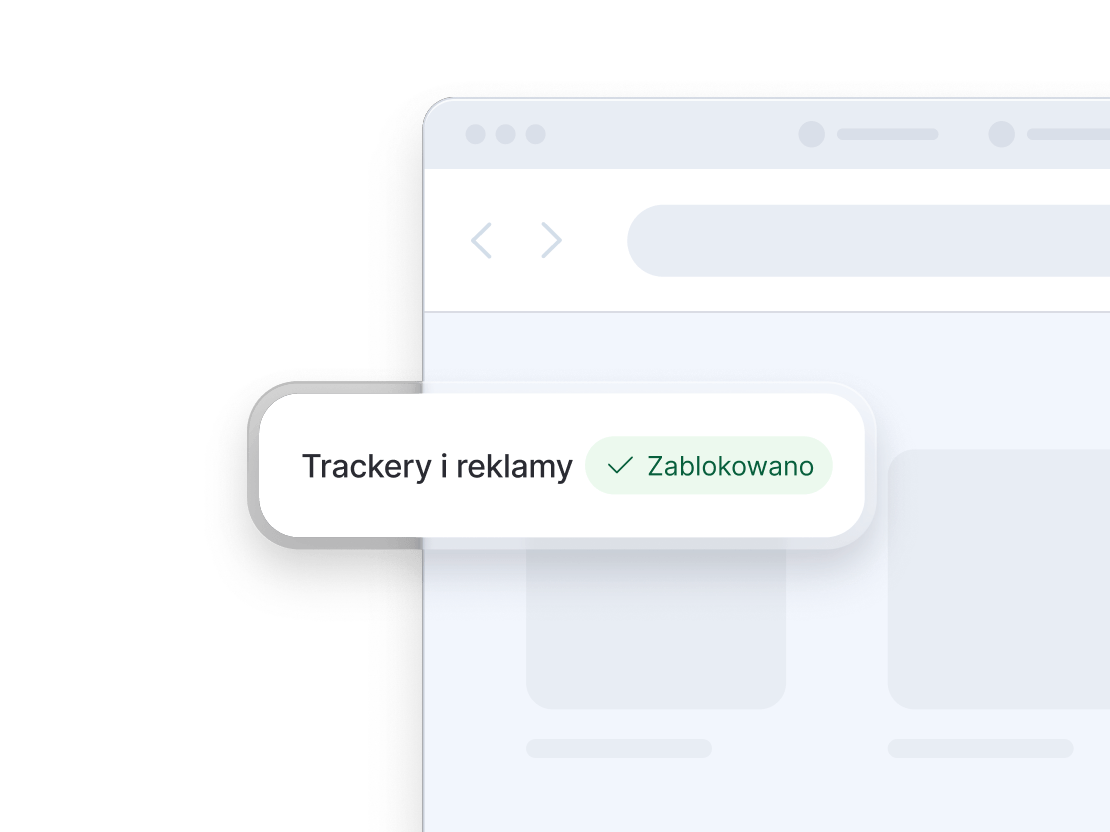 Ekran przeglądarki pokazujący nowoczesny antywirus blokujący trackery i reklamy.