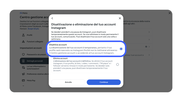 Screenshot disattivare account Instagram pc