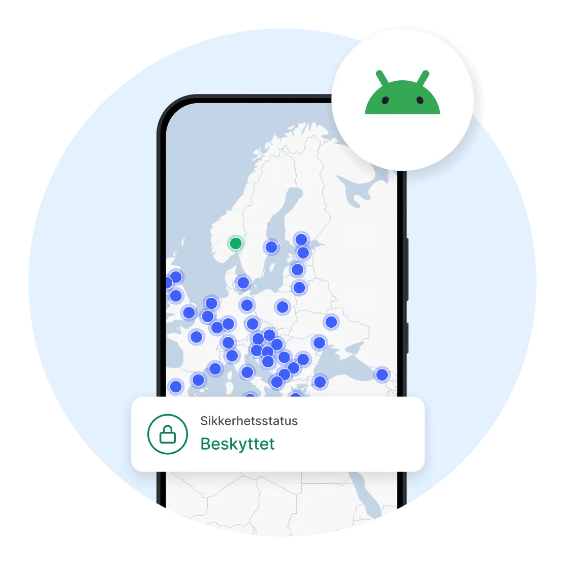 NordVPNs VPN-klient er aktiv på en Android-smarttelefon, og viser at tilkoblingen er kryptert.