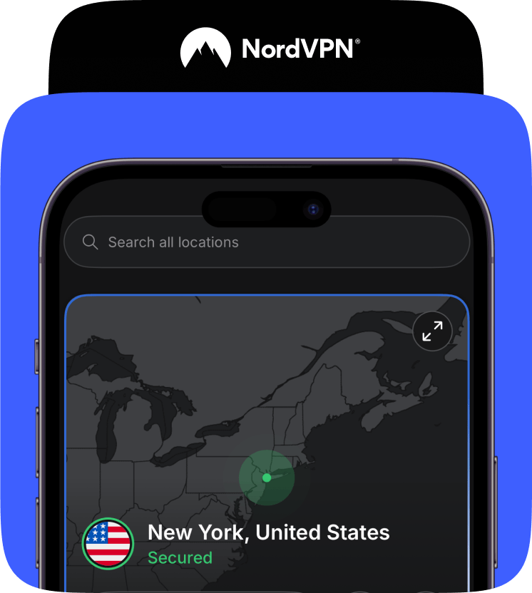 A NordVPN card with a phone showing the app connected and secured to a server in New York, United States.