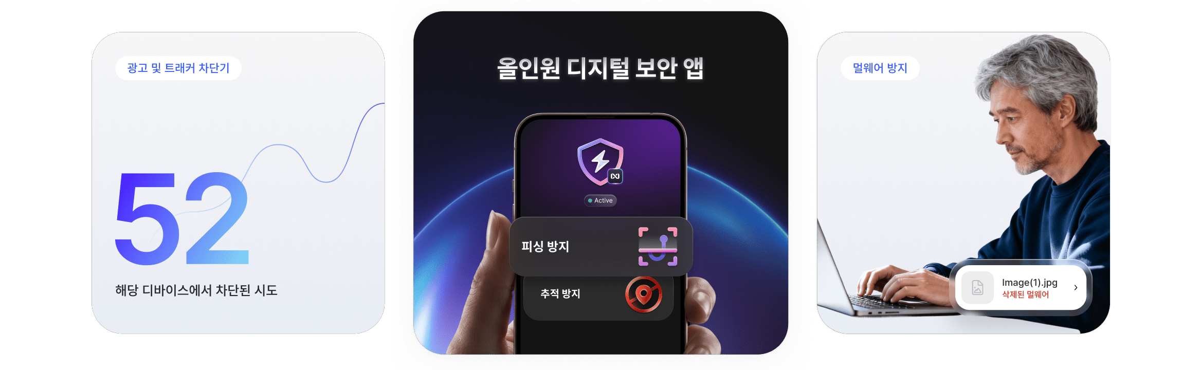 NordVPN 차세대 안티바이러스의 스캠 방지, 추적 방지 및 멀웨어 방지 기능을 보여주는 시각적 요소.