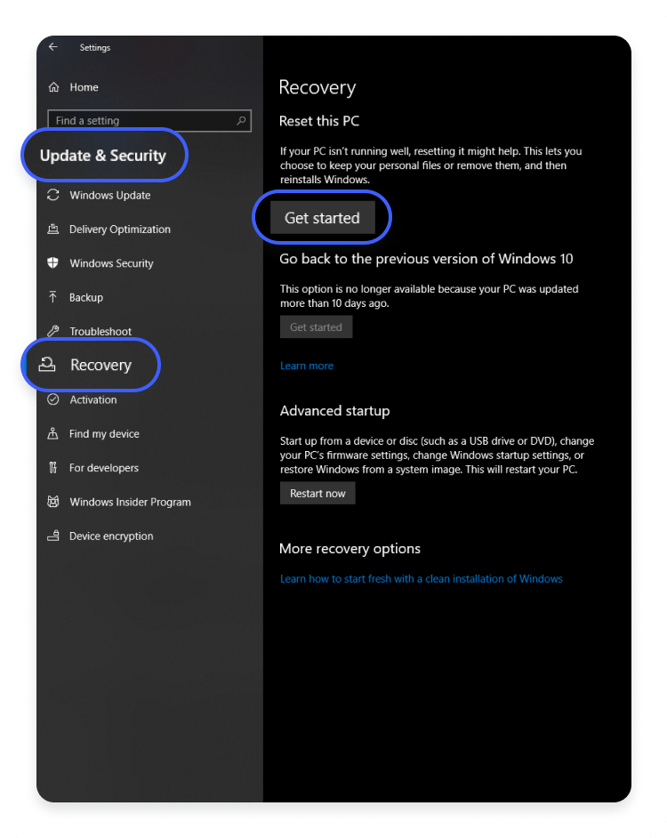 Windows10 Settings Recovery