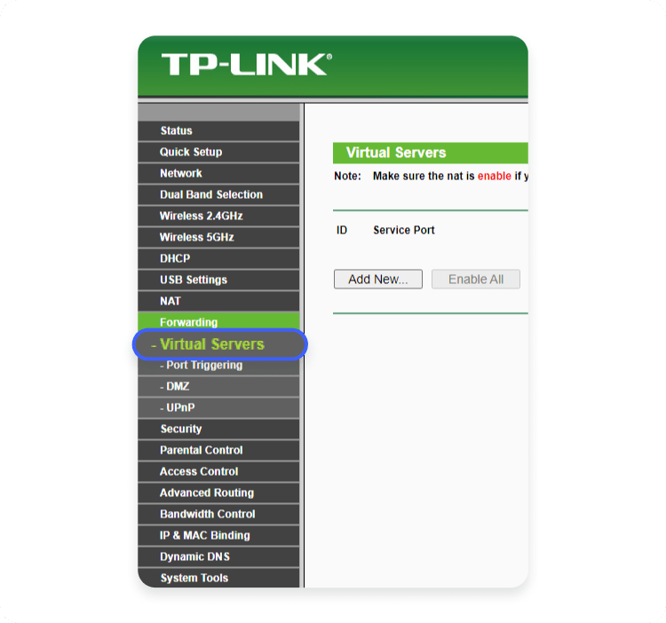Virtual servers item on a TP Link router