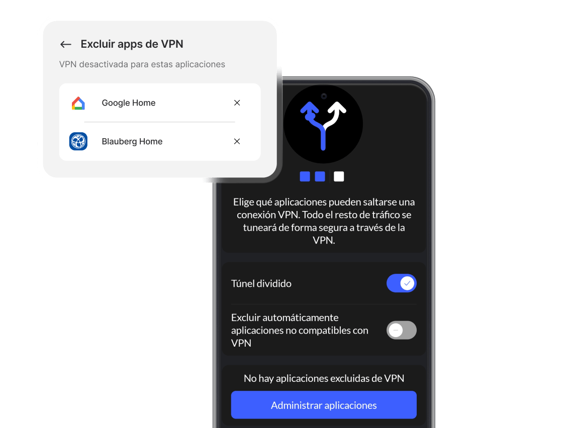 Smartphone con la app NordVPN y el túnel dividido activado.