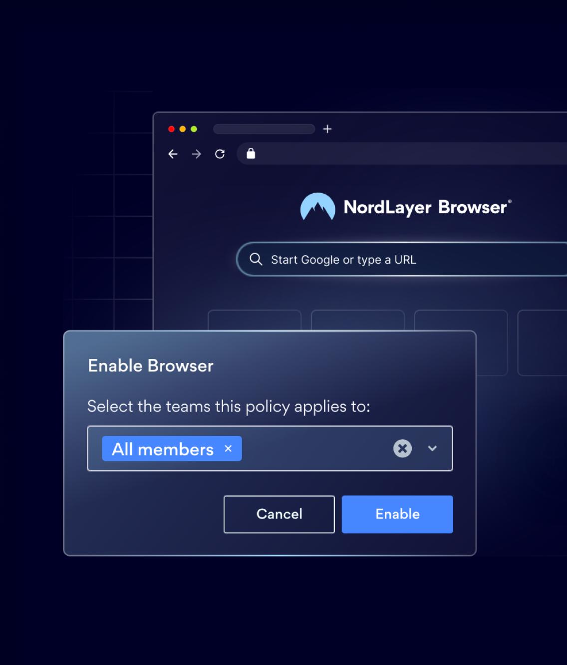 NordLayer Browser admin view enabling a browser policy for all members.