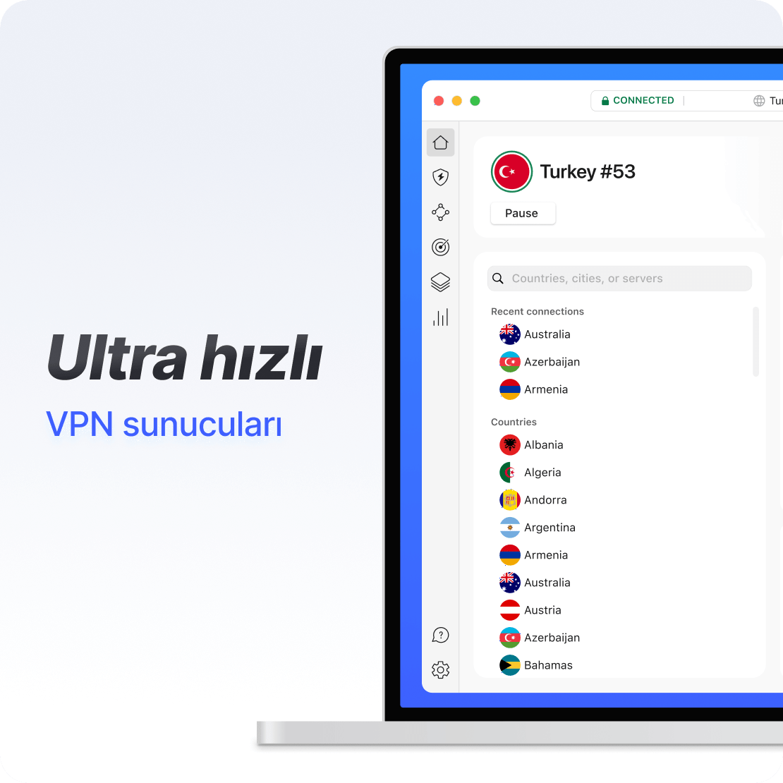 Dizüstü bilgisayarda süper hızlı bir VPN bağlantısını gösteren NordVPN uygulama arayüzü.