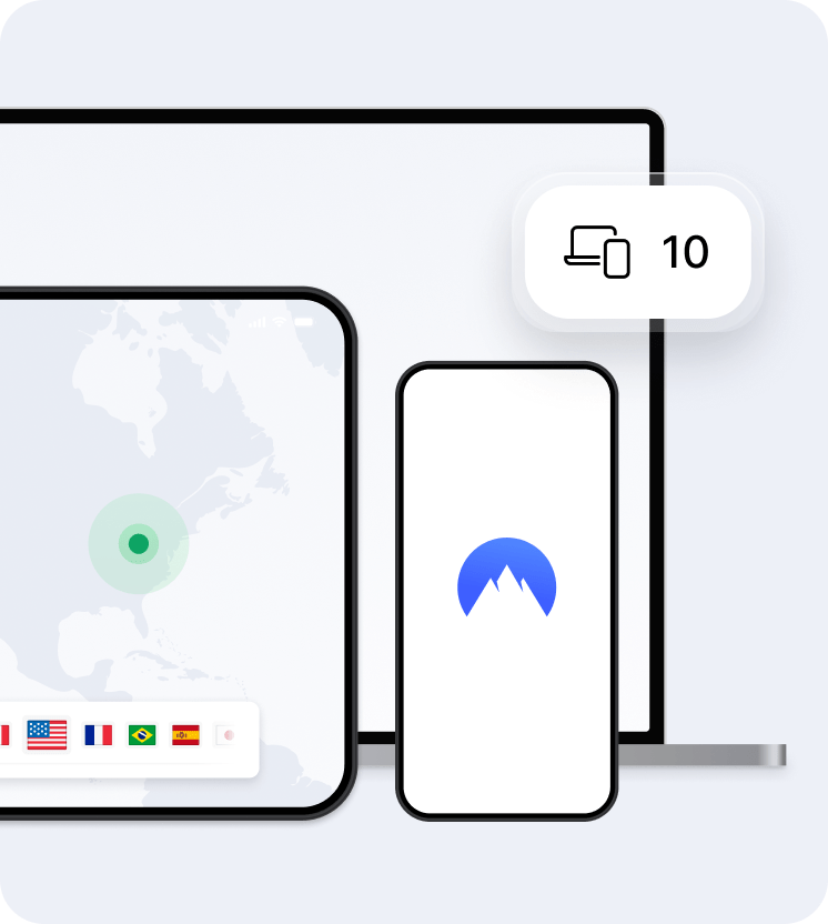 A laptop, tablet, and smartphone with the NordVPN app on them.