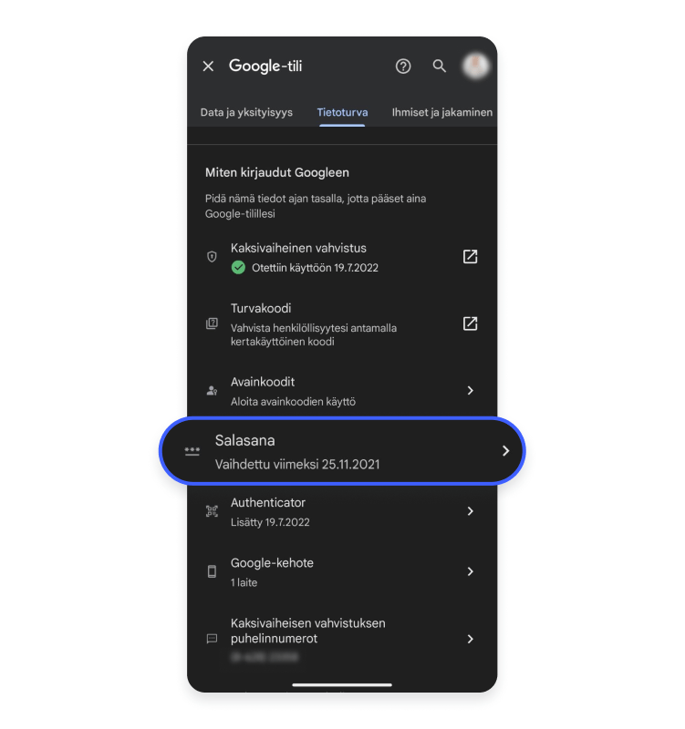 Näin Google-salasana vaihdetaan Androidilla vaihe 2