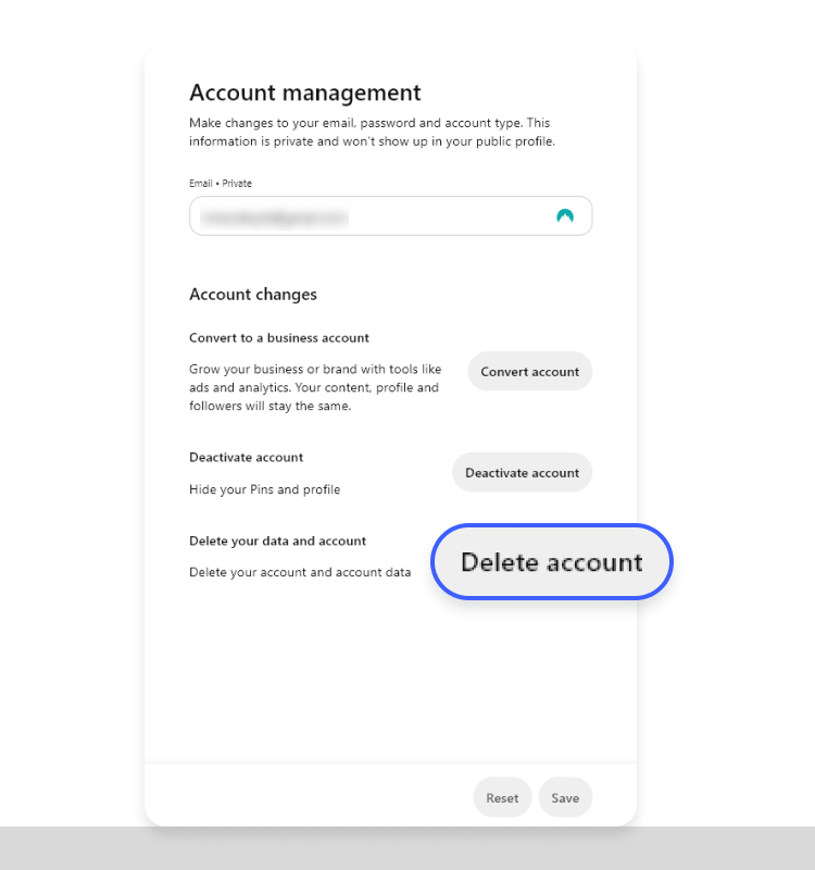 pinterest web delete account