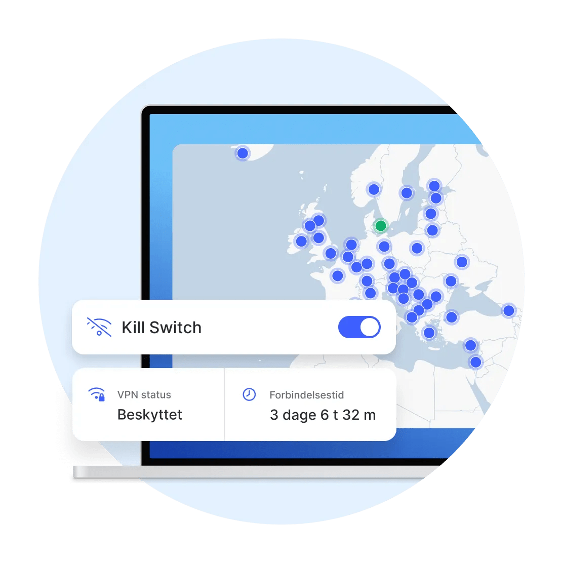 En skærm på en bærbar computer, der viser en sikker forbindelse til en VPN-server i Danmark, som er beskyttet af Kill Switch.