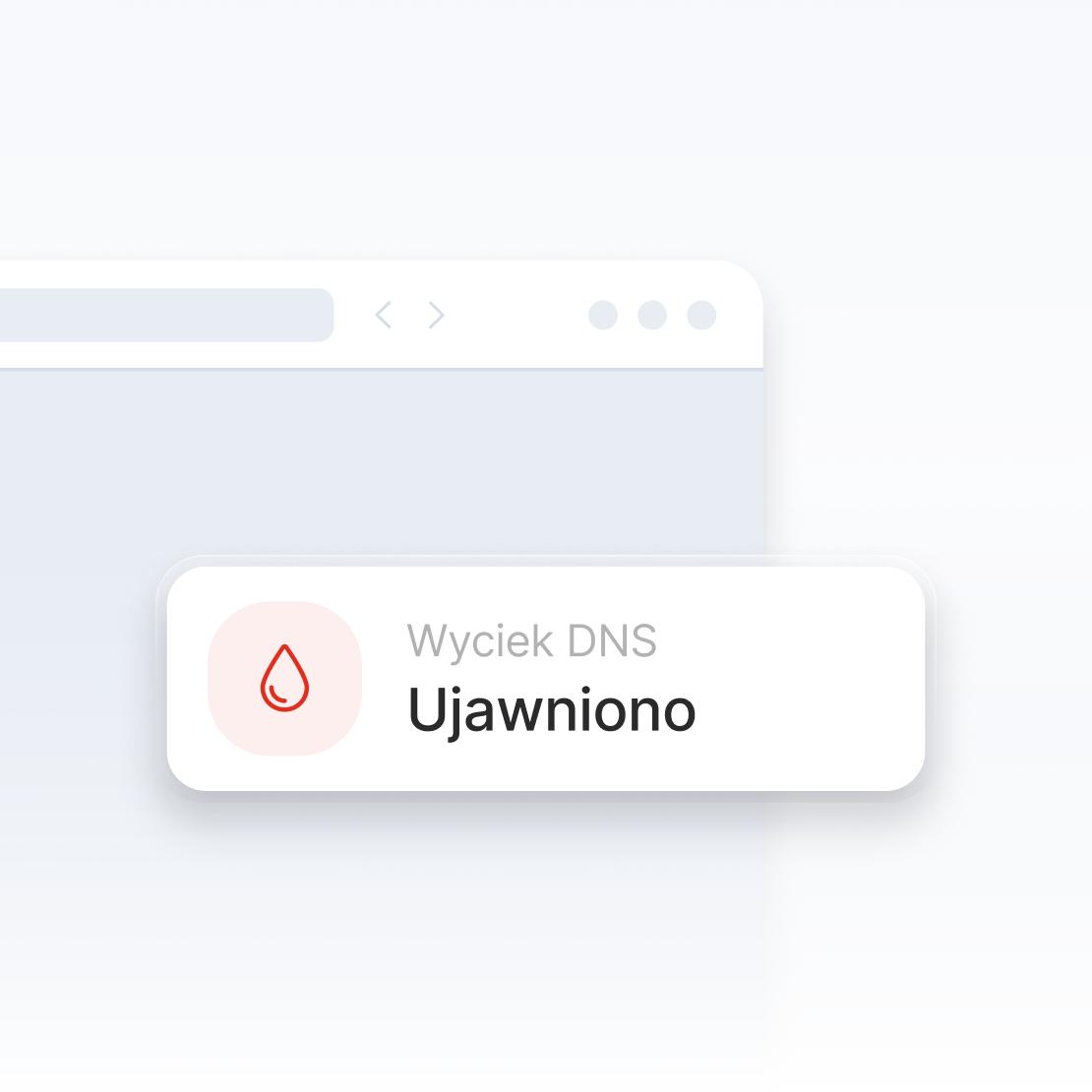Fragment okna przeglądarki internetowej z ostrzeżeniem o wycieku DNS.