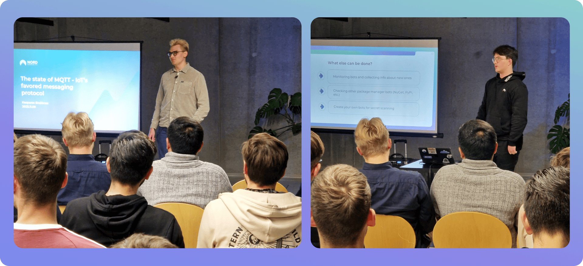 Kasparas Bražėnas and Rokas Tiškus presenting at the Nord Security Berlin AppSec meetup.