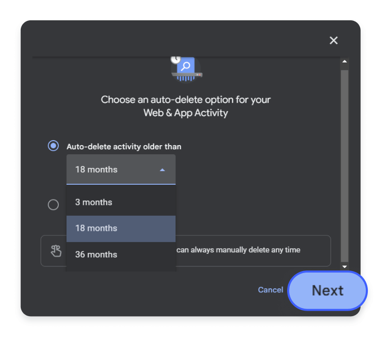 How to set up auto-delete for Google history data: step 3