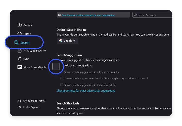 disabling automatic search suggestions in firefox