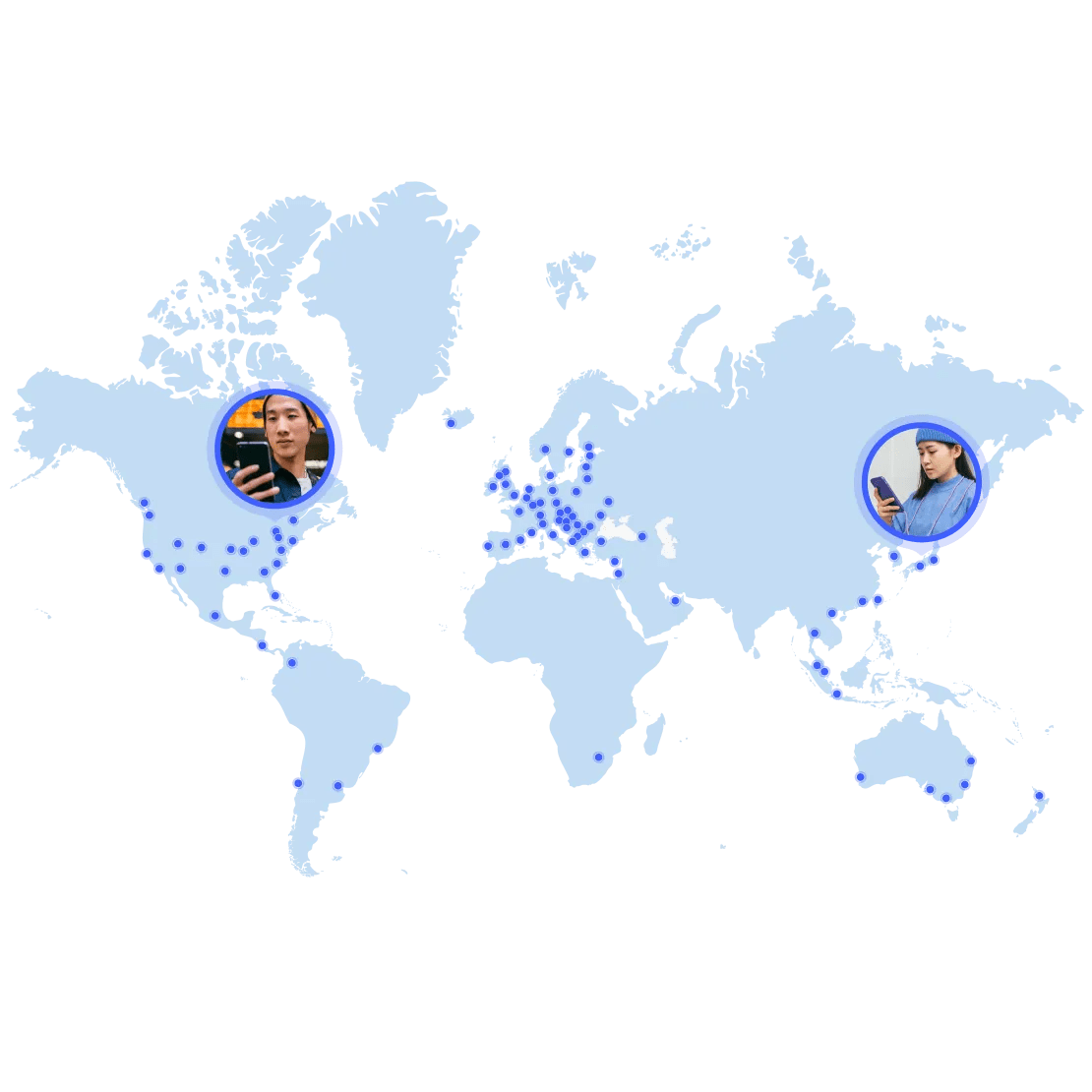 NordVPNサーバーを表す青い点の付いた地図。